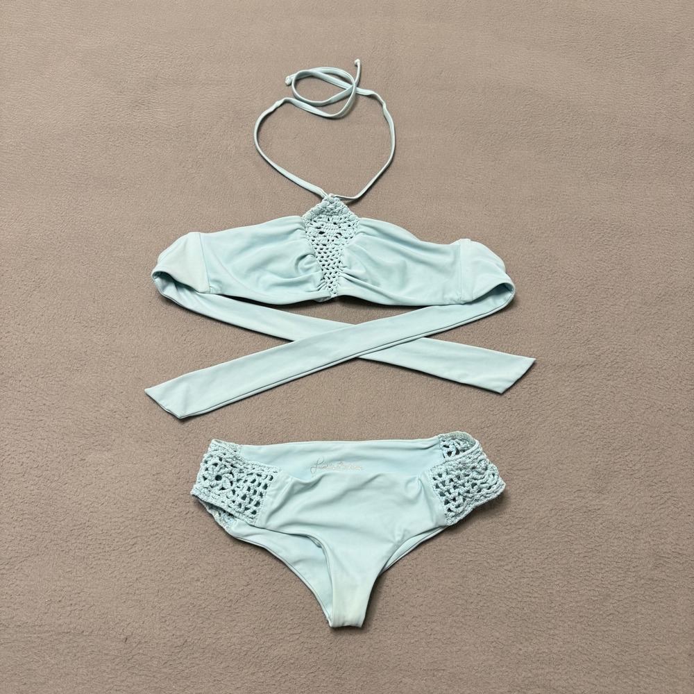 Frankies Bikinis Swimsuit Women XS Blue Crochet Halter Wrap Two Piece Bikini Set